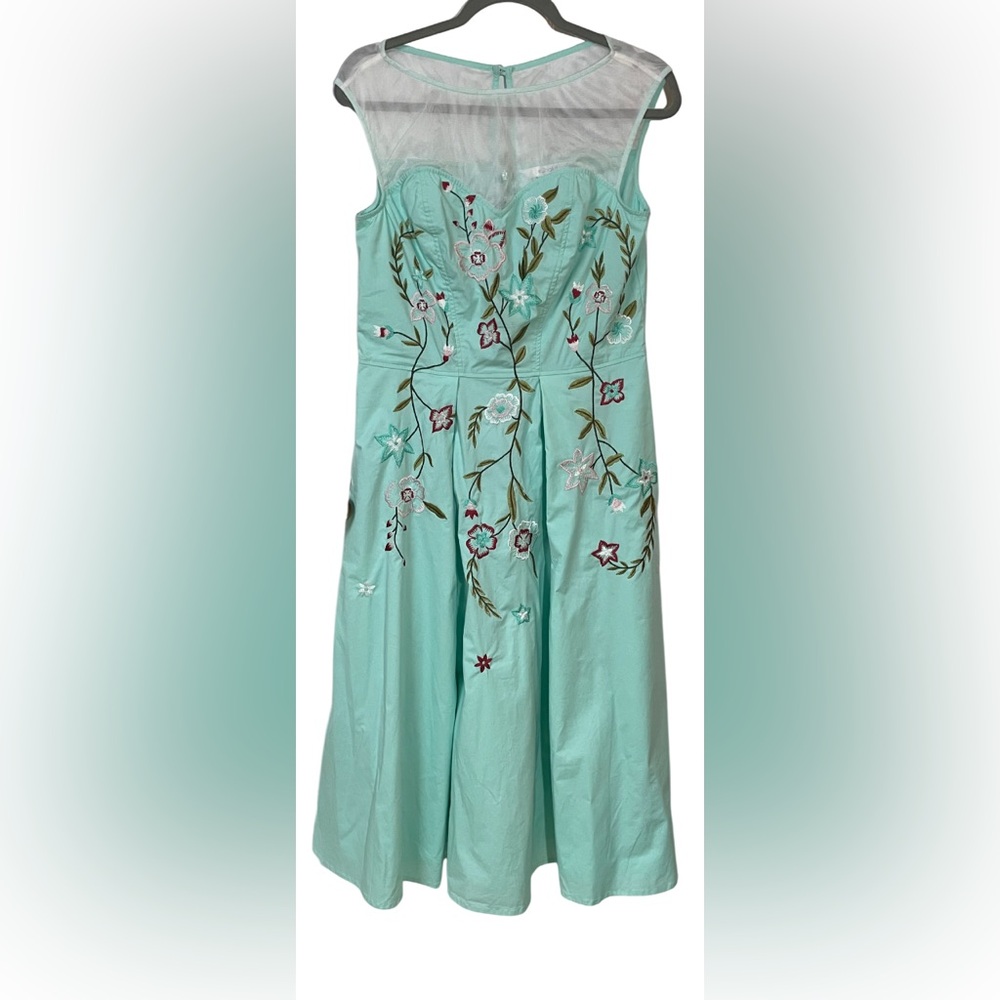 Eshakti Dress Size Large 12 Embroidered Teal Sheer Neckline Floral Lined - Picture 1 of 11